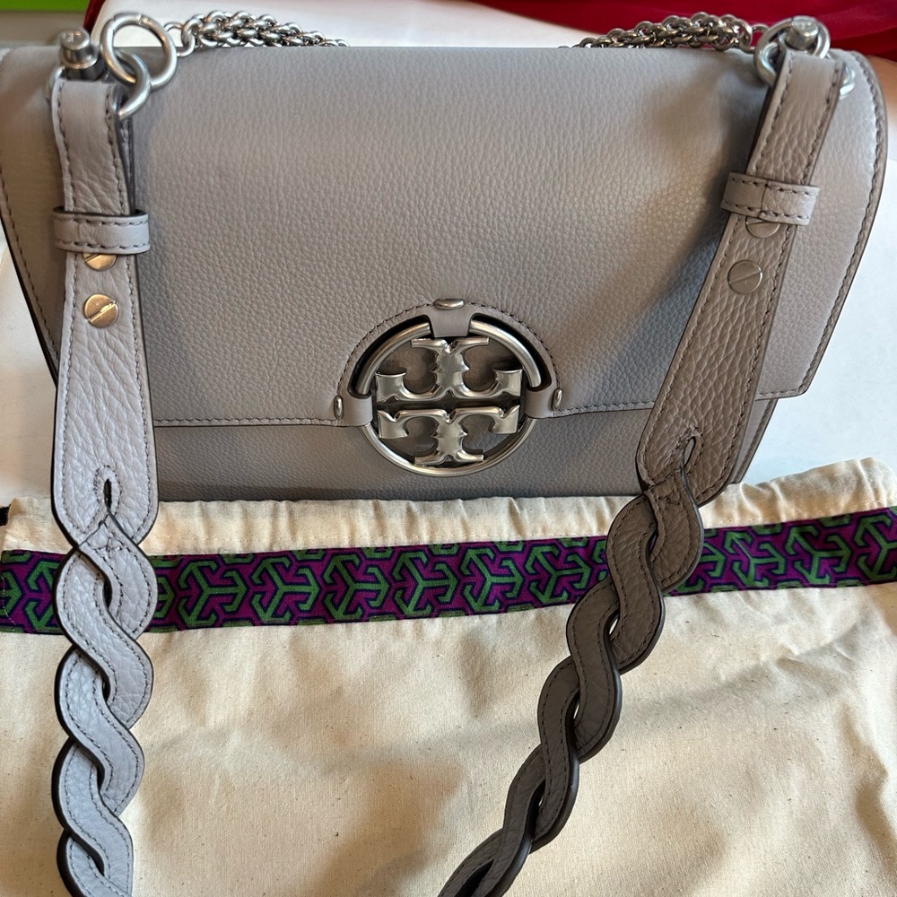 Brand new Tory Burch Gray Miller Chain Leather & Suede Bag with silver hardware